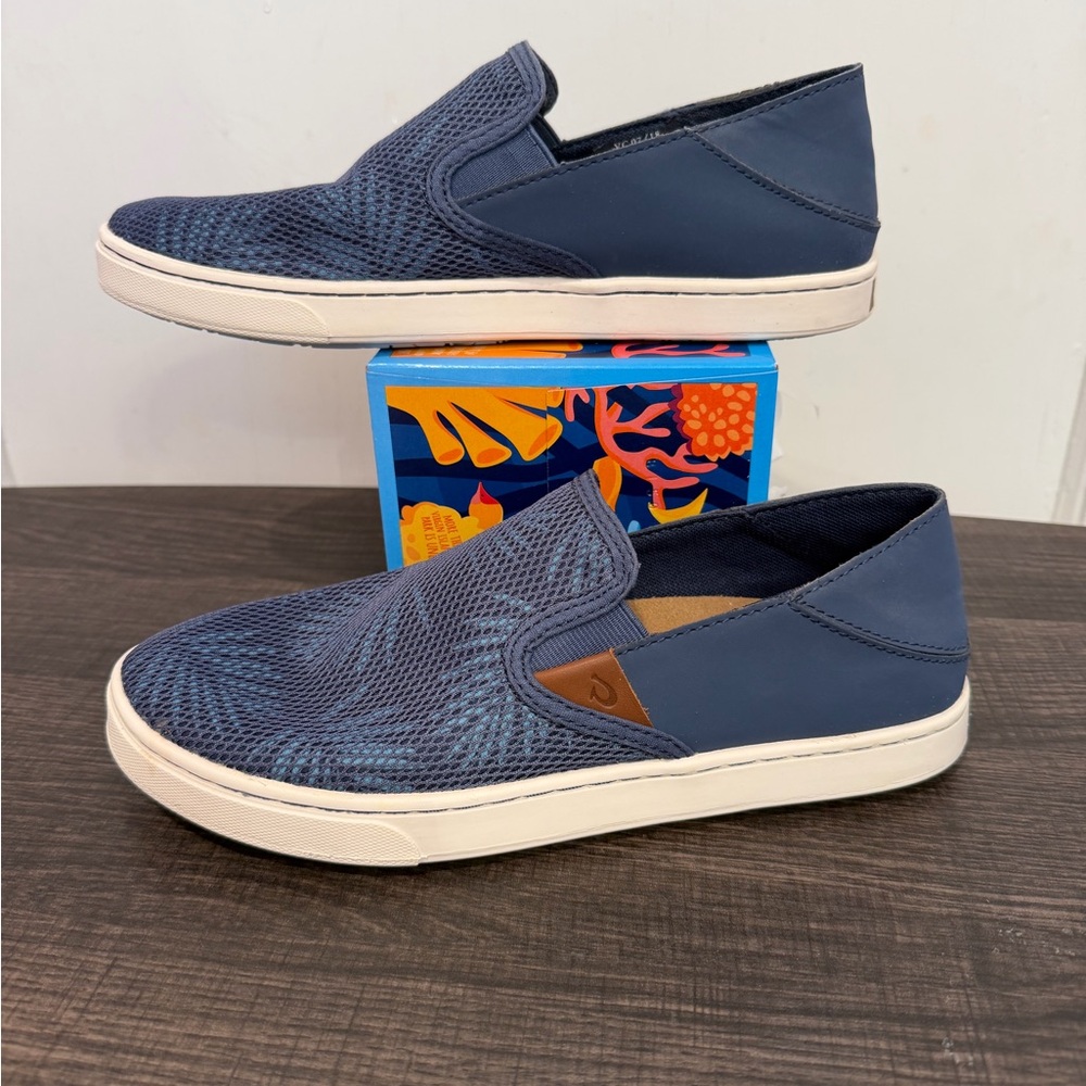 Olukai Pehuea Women's Blue Palm Mesh Slip On Sneakers Size 8
